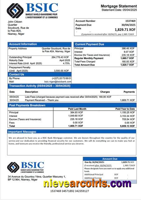 Niger BSIC Bank mortgage statement Word and PDF template